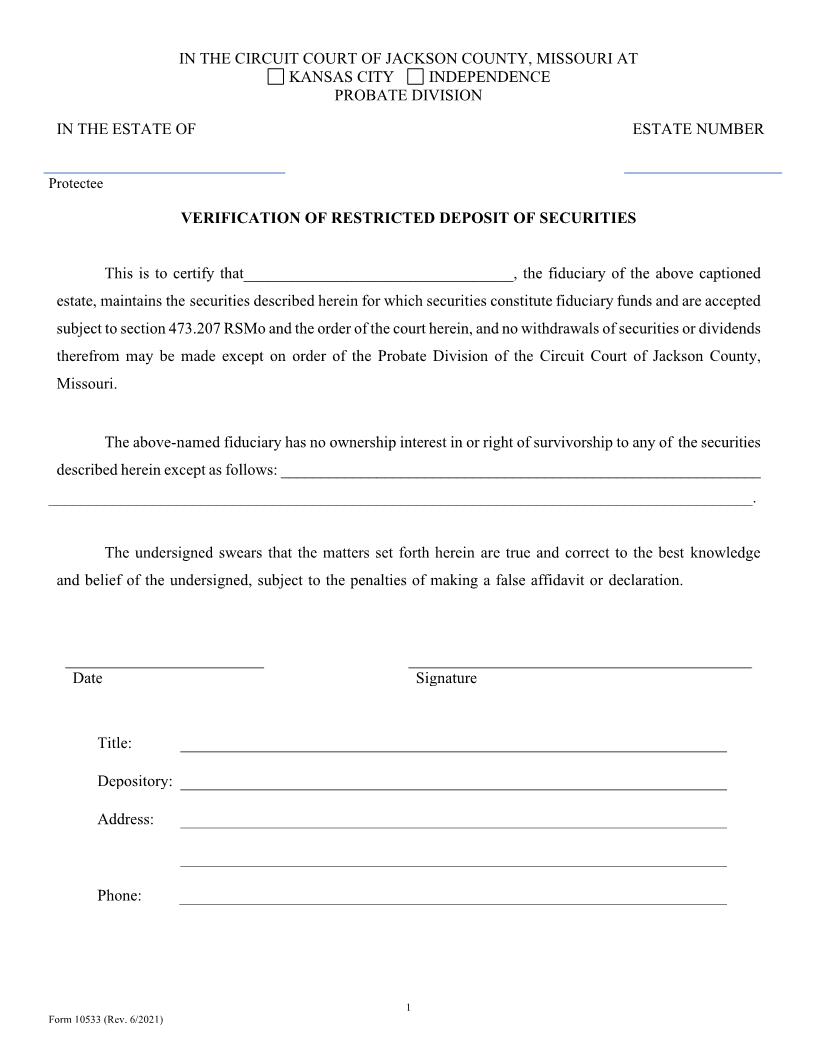 Verification Of Restricted Deposit Of Securities {10533} | Pdf Fpdf Doc Docx | Missouri