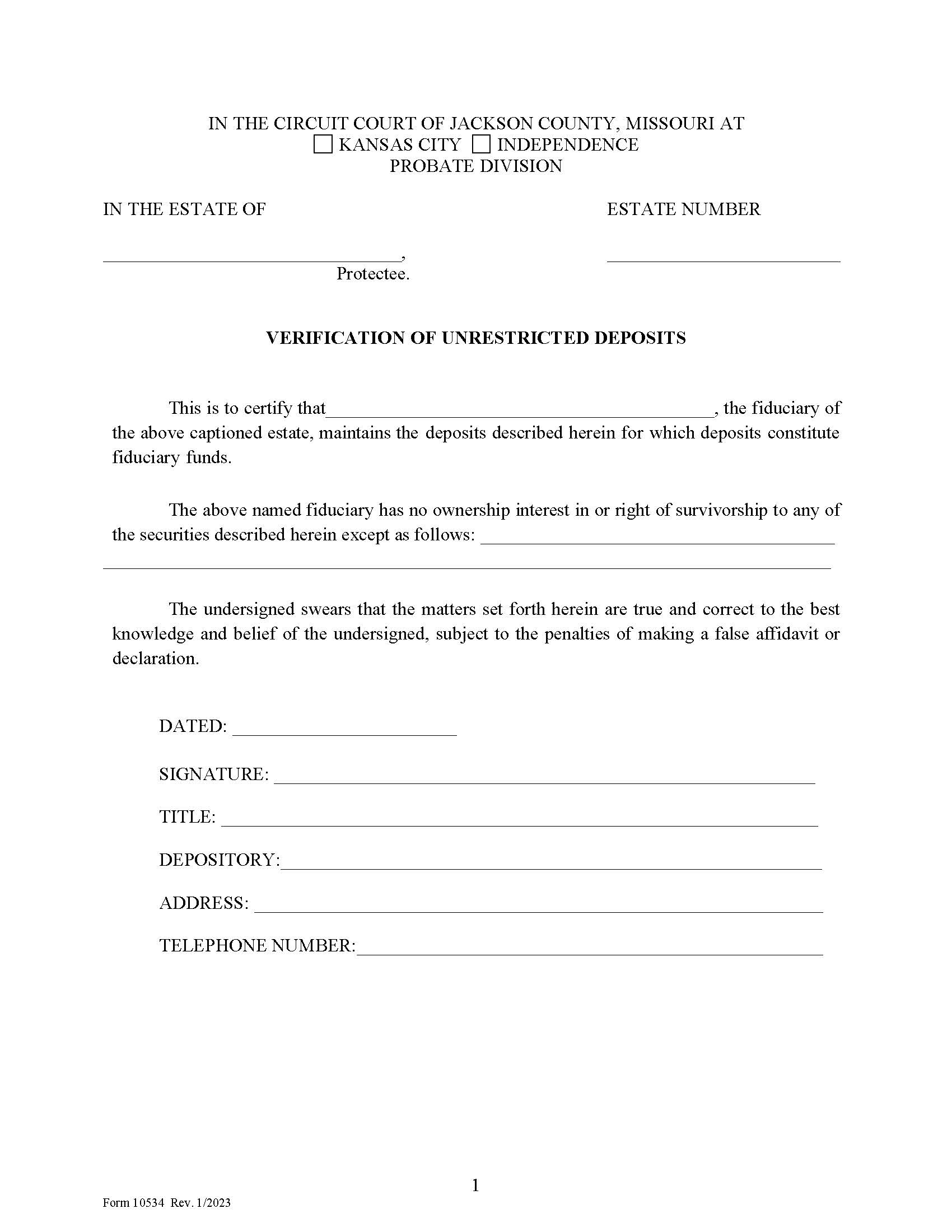 Verification Of Unrestricted Deposits {10534} | Pdf Fpdf Doc Docx | Missouri