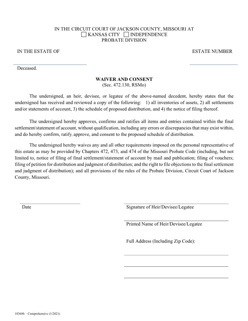Waiver And Consent {10368b} | Pdf Fpdf Docx | Missouri