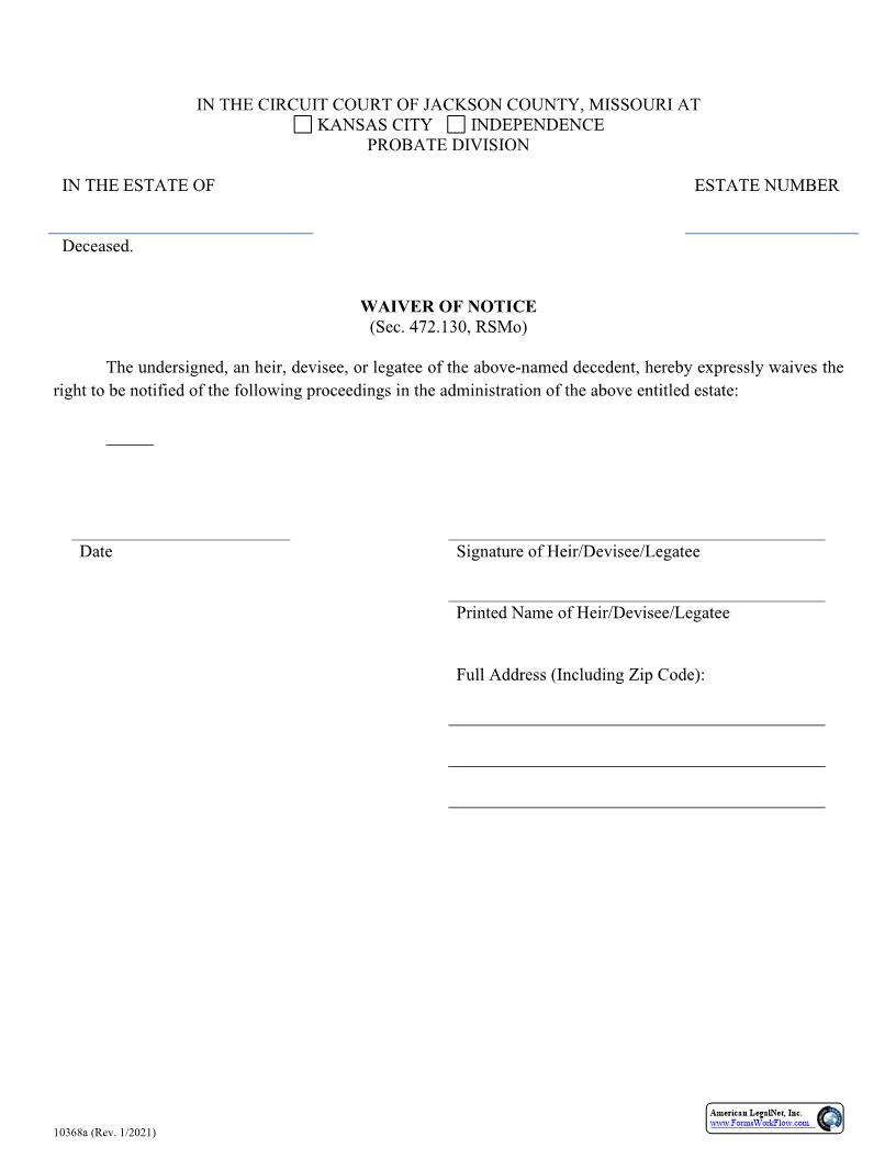 Waiver Of Notice {10368a} | Pdf Fpdf Docx | Missouri