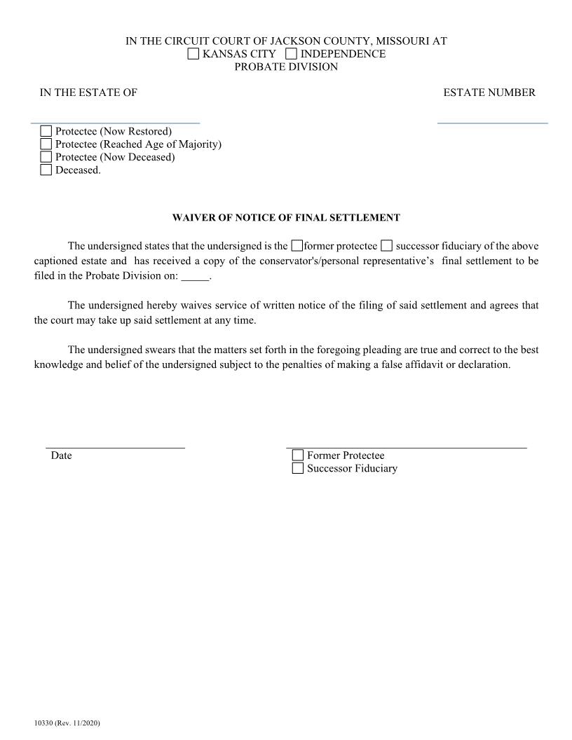 Waiver Of Notice Of Settlement {10330} | Pdf Fpdf Doc Docx | Missouri