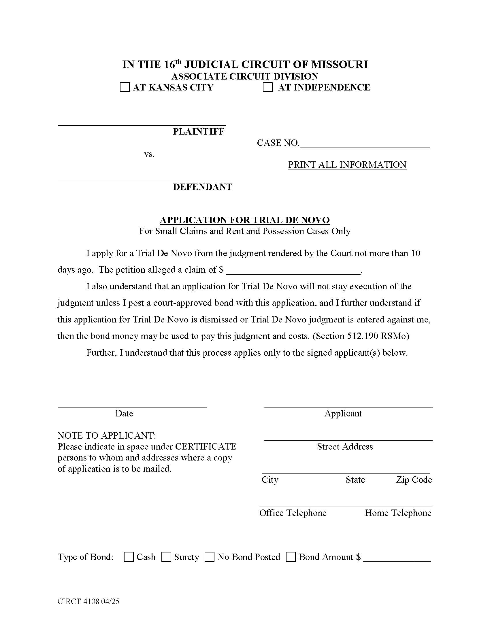 Application For Trial De Novo {4108} | Pdf Fpdf Docx | Missouri
