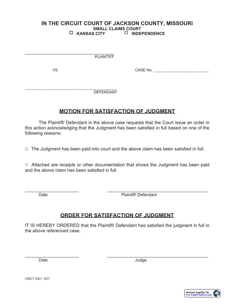 Motion For Satisfaction Of Judgment {0001} | Pdf Fpdf Docx | Missouri