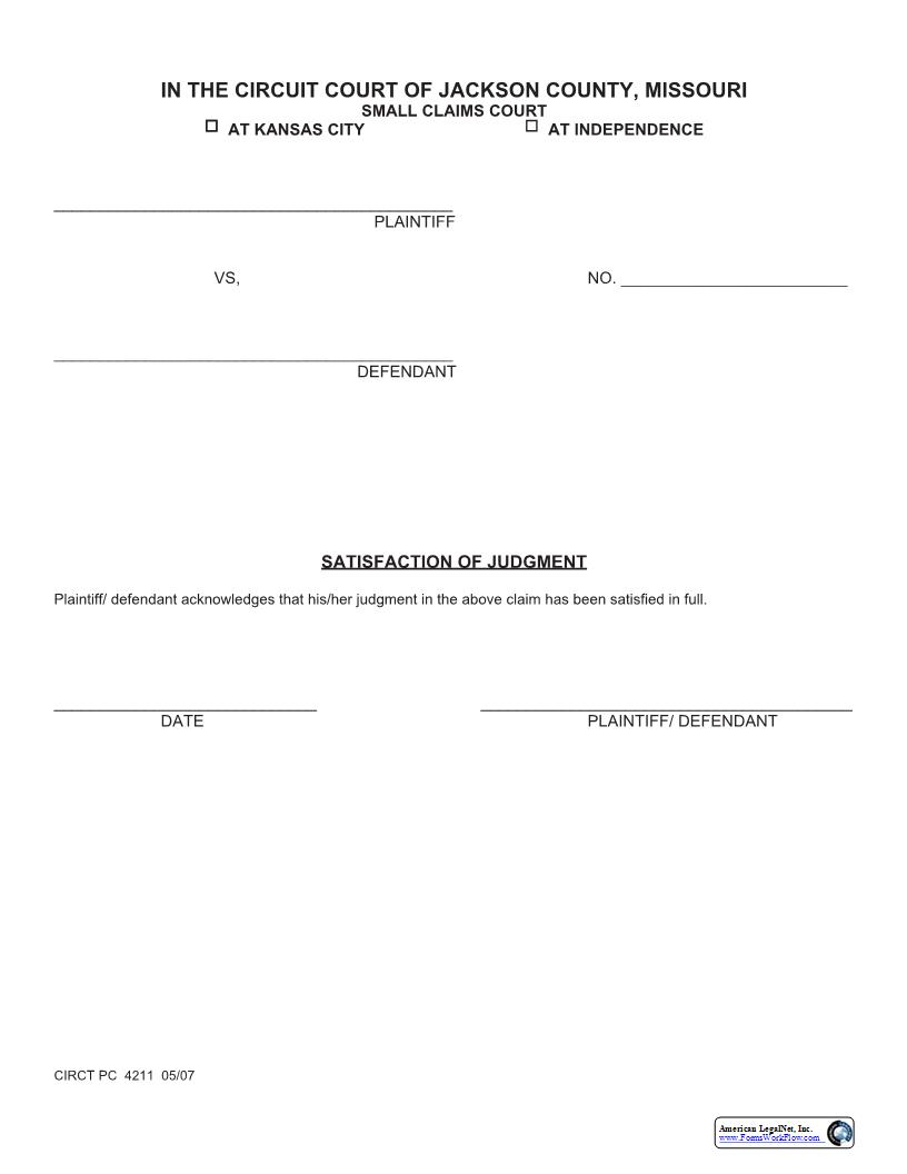 Satisfaction Of Judgment {4211} | Pdf Fpdf Docx | Missouri