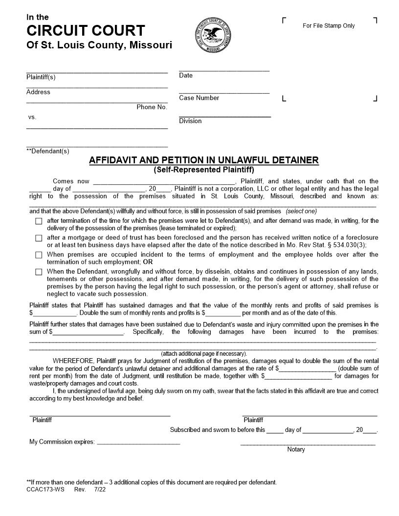 Affidavit And Petition For Unlawful Detainer {CCAC173-WS} | Pdf Fpdf Docx | Missouri