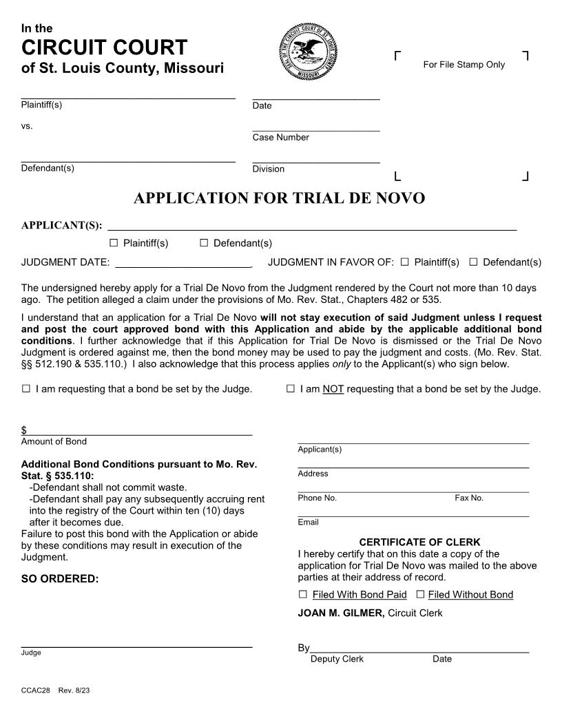 Application For Trial De Novo {CCAC28} | Pdf Fpdf Doc Docx | Missouri