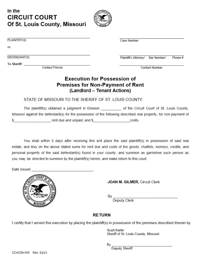 Execution For Possession Of Premises For Non-Payment Of Rent (Landlord-Tenant Actions) {CCAC04-WS} | Pdf Fpdf Docx | Missouri