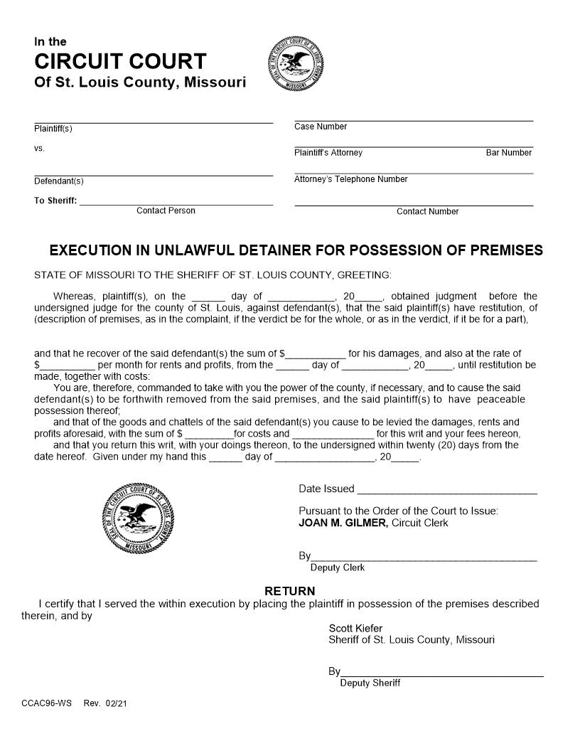 Execution In Unlawful Detainer For Possession Of Premises {CCAC96-WS} | Pdf Fpdf Doc Docx | Missouri