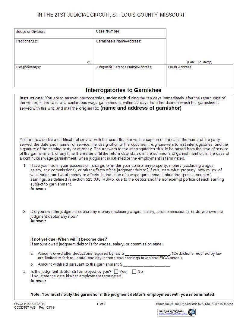 Interrogatories To Garnishee  {CV110} | Pdf Fpdf Docx | Missouri