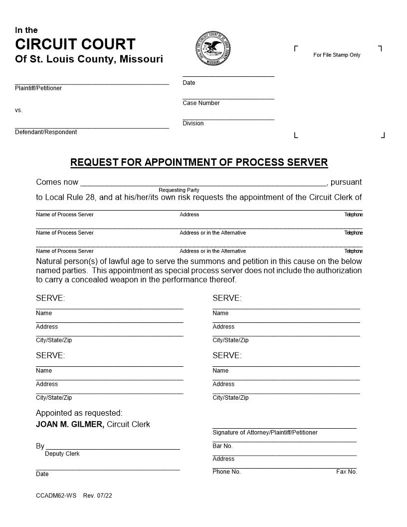 Request For Appointment Of Process Server | Pdf Fpdf Docx | Missouri