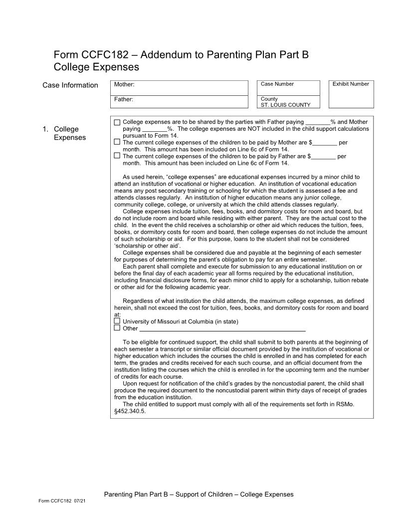 Addendum To Parenting Plan Part B College Expenses {CCFC182} | Pdf Fpdf Doc Docx | Missouri