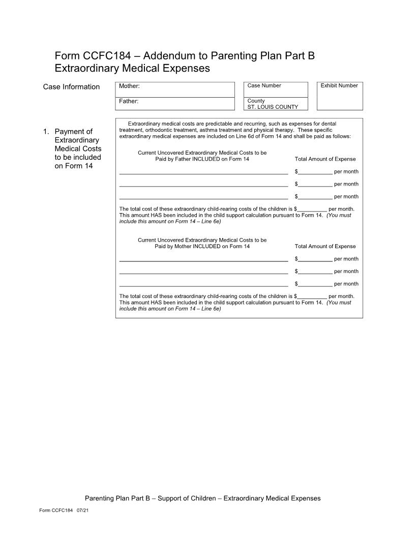 Addendum To Parenting Plan Part B Extraordinary Medical Expenses {CCFC184} | Pdf Fpdf Doc Docx | Missouri