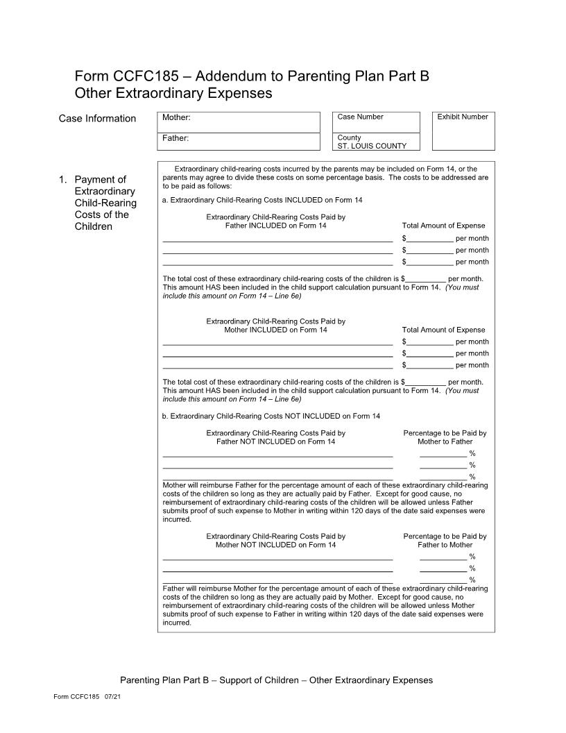Addendum To Parenting Plan Part B Other Extraordinary Expenses {CCFC185} | Pdf Fpdf Doc Docx | Missouri