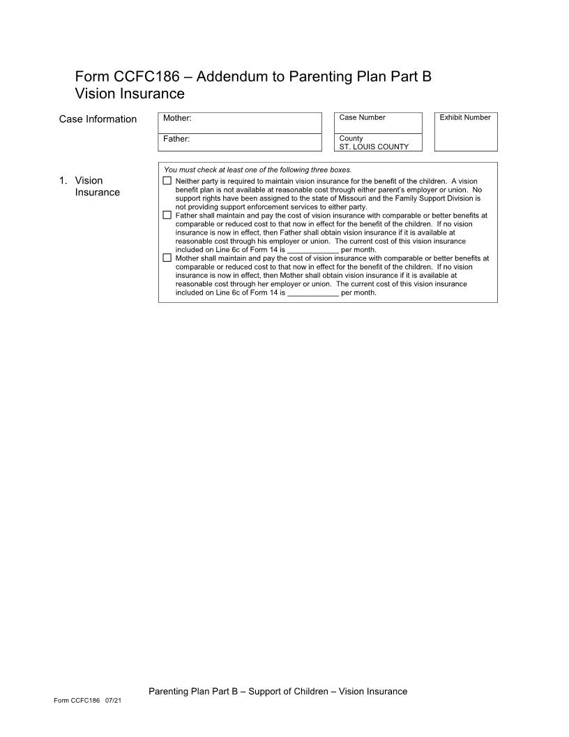Addendum To Parenting Plan Part B Vision Insurance {CCFC186} | Pdf Fpdf Doc Docx | Missouri