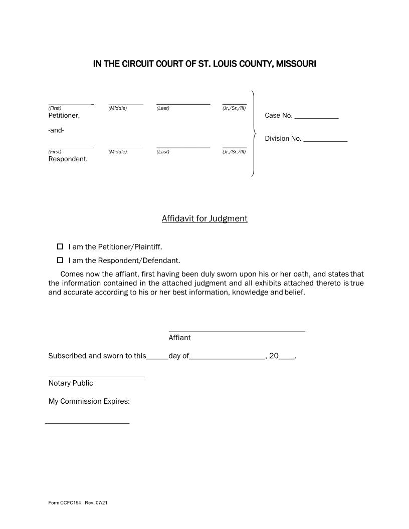 Affidavit For Judgment (Marriage Dissolution) {CCFC194} | Pdf Fpdf Doc Docx | Missouri