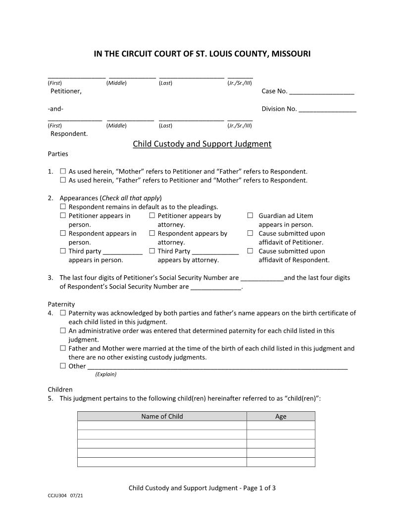 Child Custody And Support Judgment | Pdf Fpdf Doc Docx | Missouri