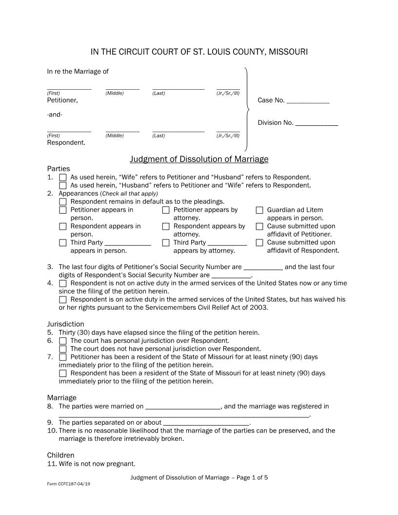 Judgment Of Dissolution Of Marriage | Pdf Fpdf Docx | Missouri