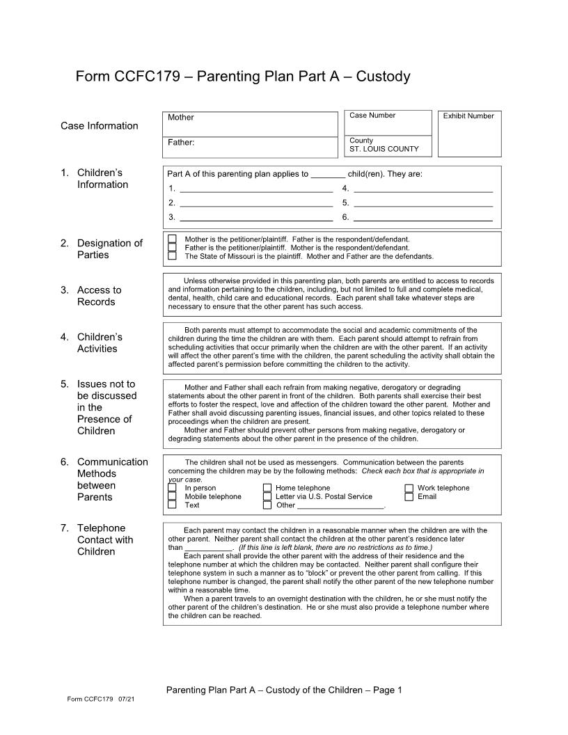 Parenting Plan Part A {CCFC179} | Pdf Fpdf Doc Docx | Missouri