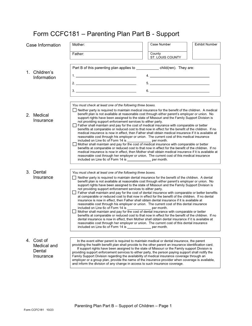 Parenting Plan Part B - Support {CCFC181} | Pdf Fpdf Doc Docx | Missouri