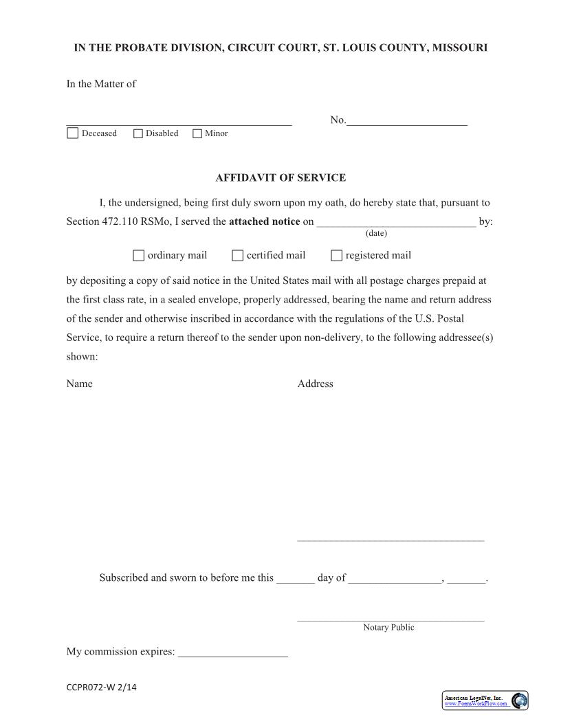 Affidavit Of Service {CCPR072} | Pdf Fpdf Docx | Missouri