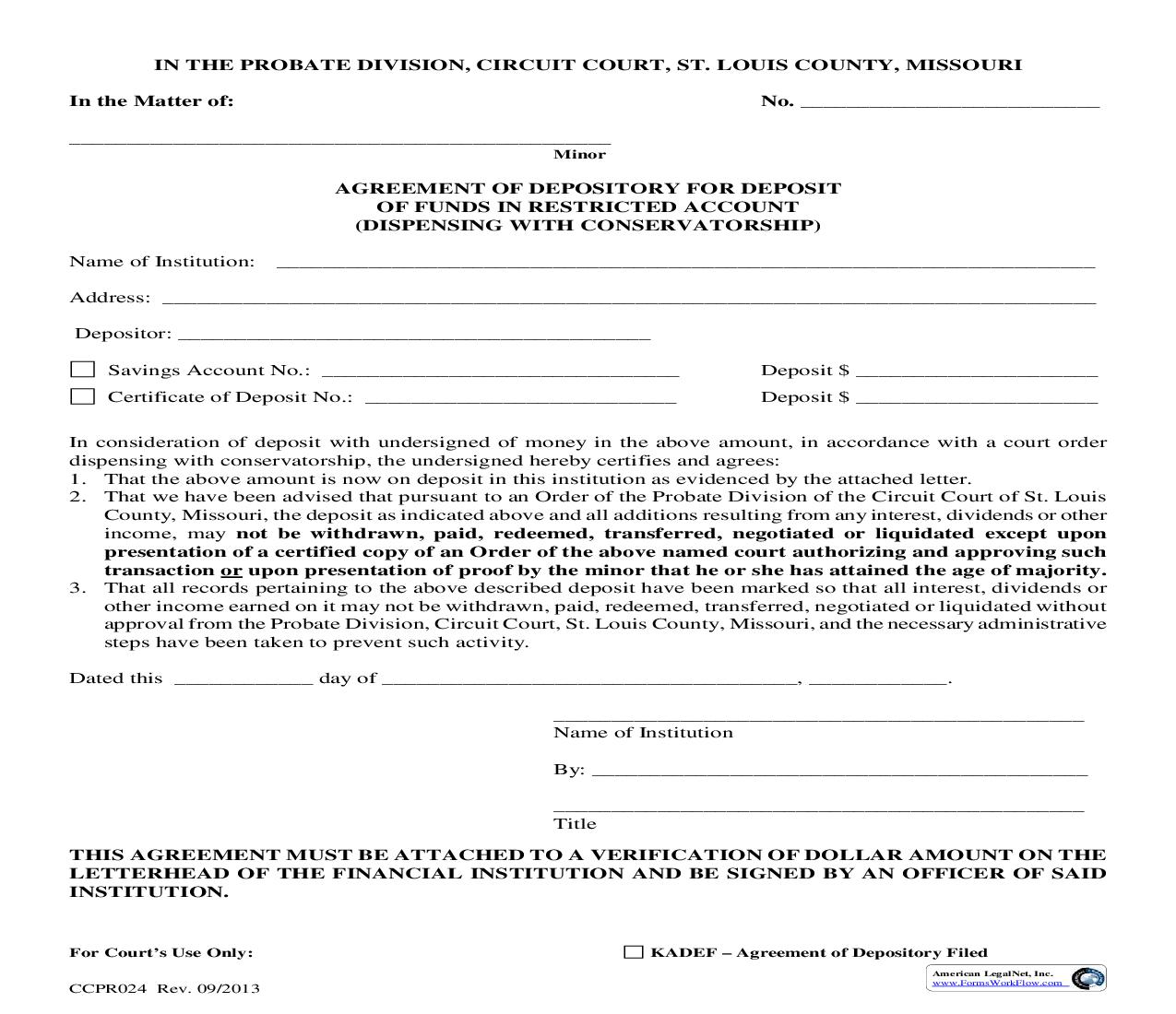 Agreement Of Depository For Deposit Of Funds In Restricted Account {CCRP024} | Pdf Fpdf Doc Docx | Missouri