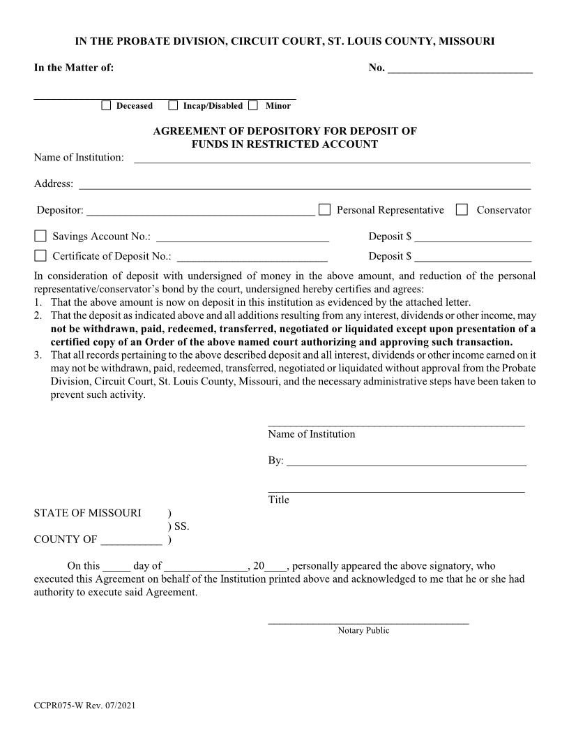 Depository Agreement {CCPR075-W} | Pdf Fpdf Docx | Missouri