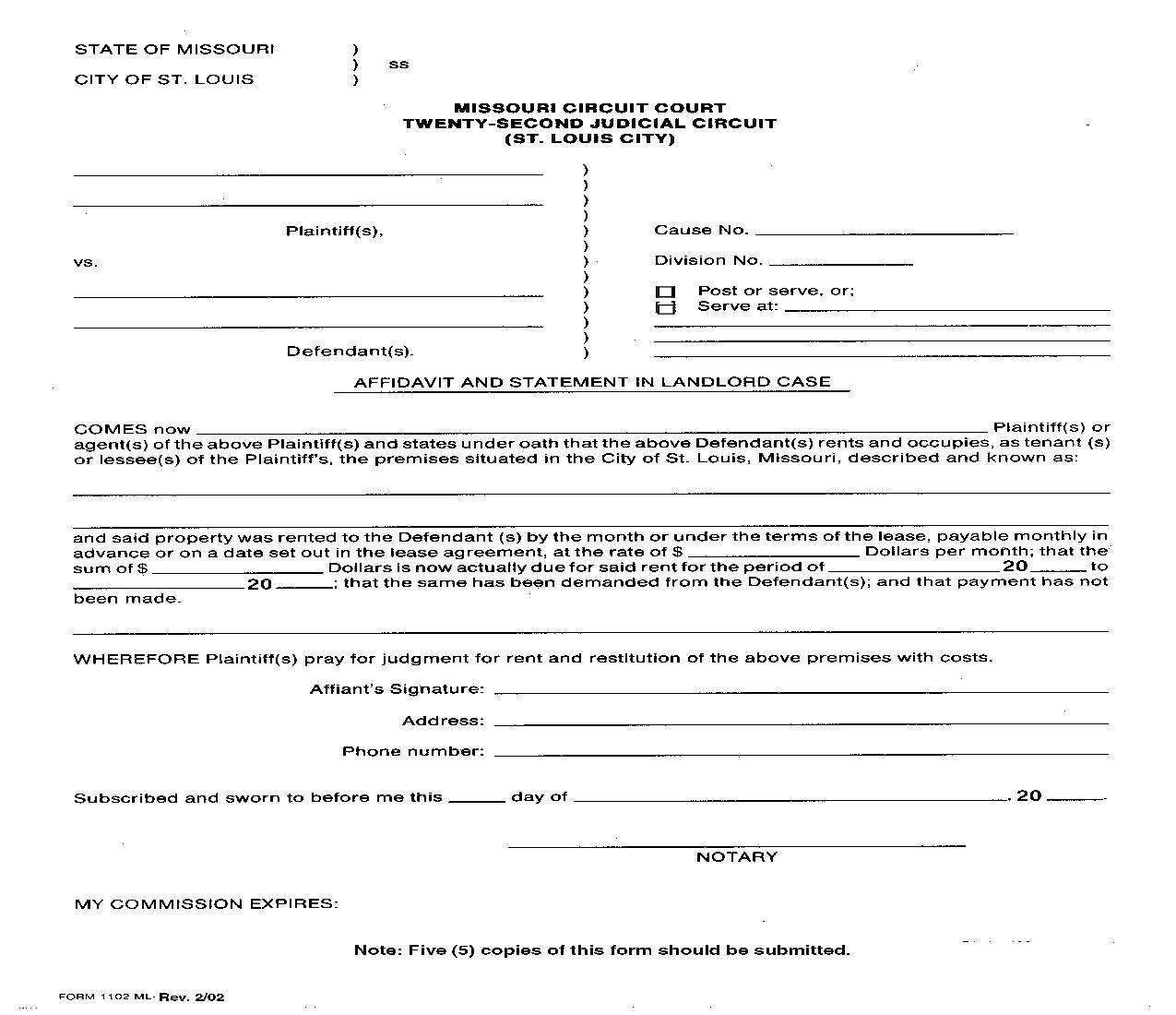 Affidavit And Statement In Landlord Case {1102} | Pdf Fpdf Doc Docx | Missouri