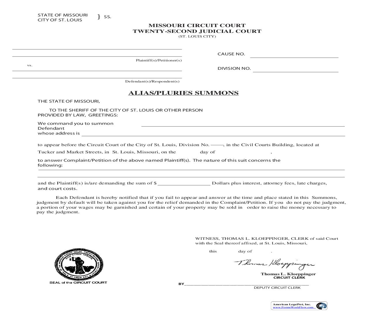 Alias-Pluries Summons | Pdf Fpdf Doc Docx | Missouri