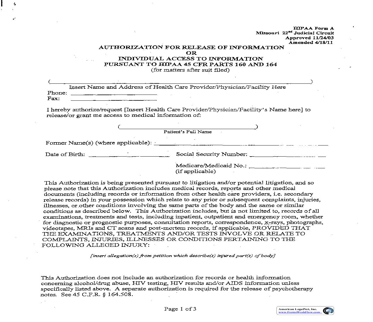 Authorization For Release Of Information {Form A} | Pdf Fpdf Doc Docx | Missouri