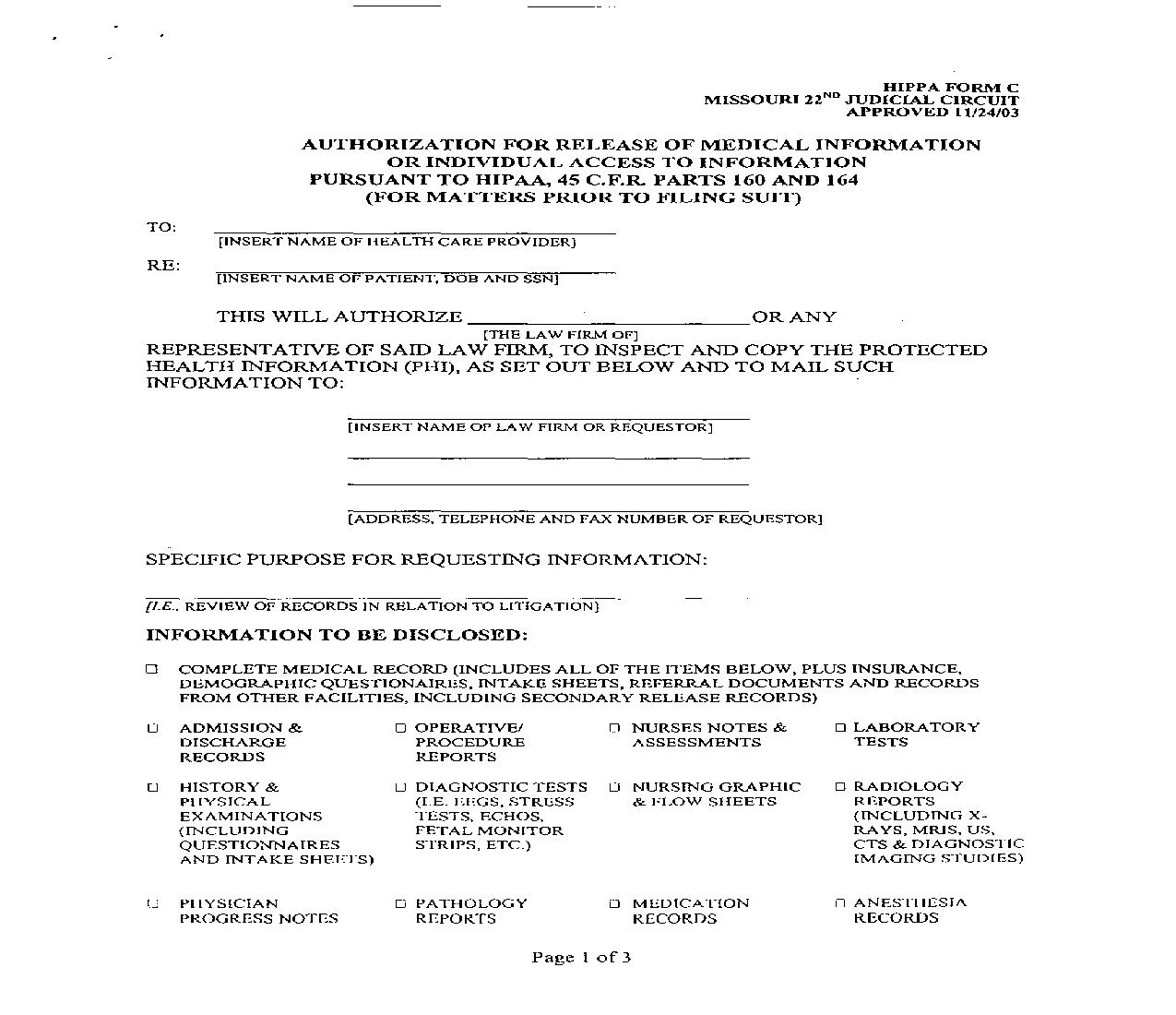 Authorization For Release Of Medical Information Or Individual Access To Information {Form C} | Pdf Fpdf Doc Docx | Missouri