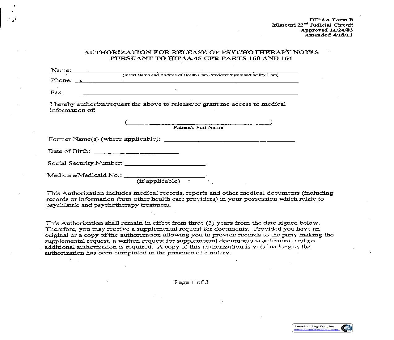 Authorization For Release Of Psychotherapy Notes {Form B} | Pdf Fpdf Doc Docx | Missouri