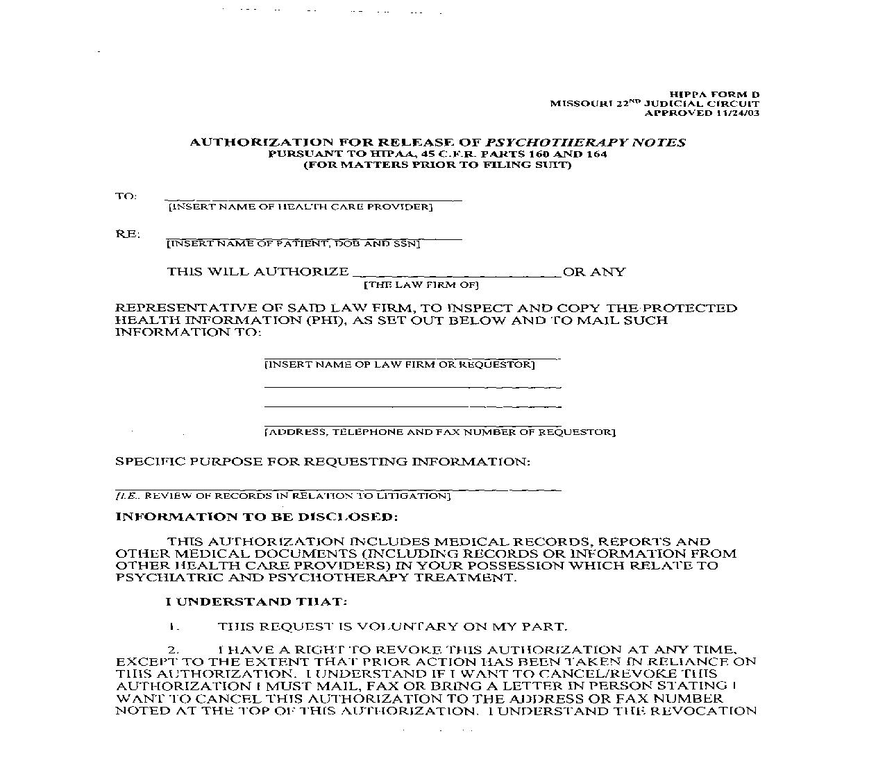 Authorization For Release Of Psychotherapy Notes (For Matters Prior To Filing Suit) {Form D} | Pdf Fpdf Doc Docx | Missouri