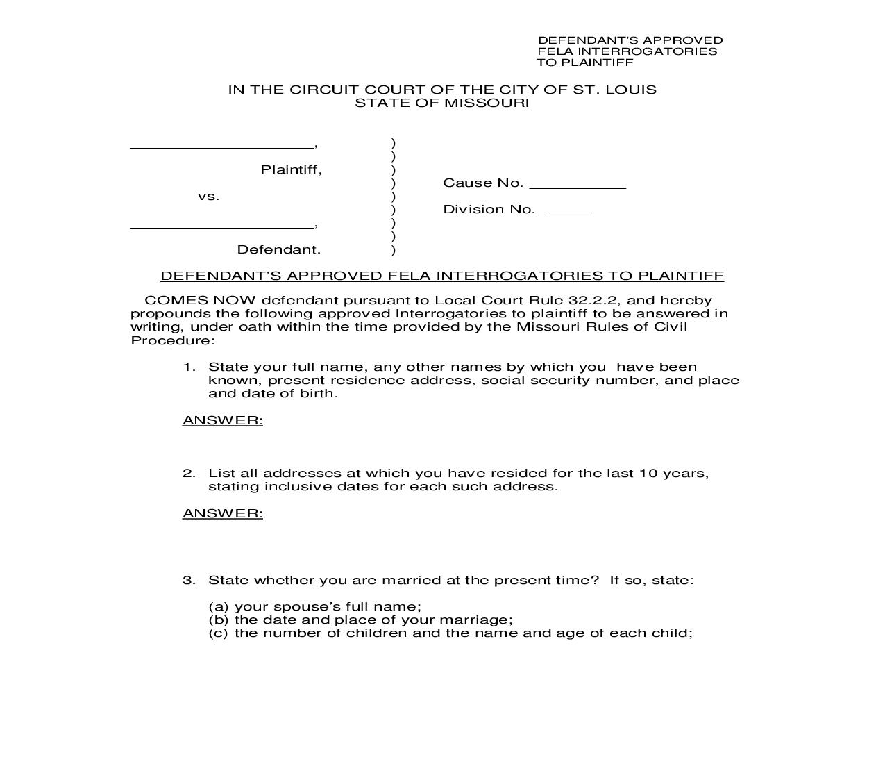Defendants Approved Fela  Interrogatories To Plaintiff | Pdf Fpdf Doc Docx | Missouri