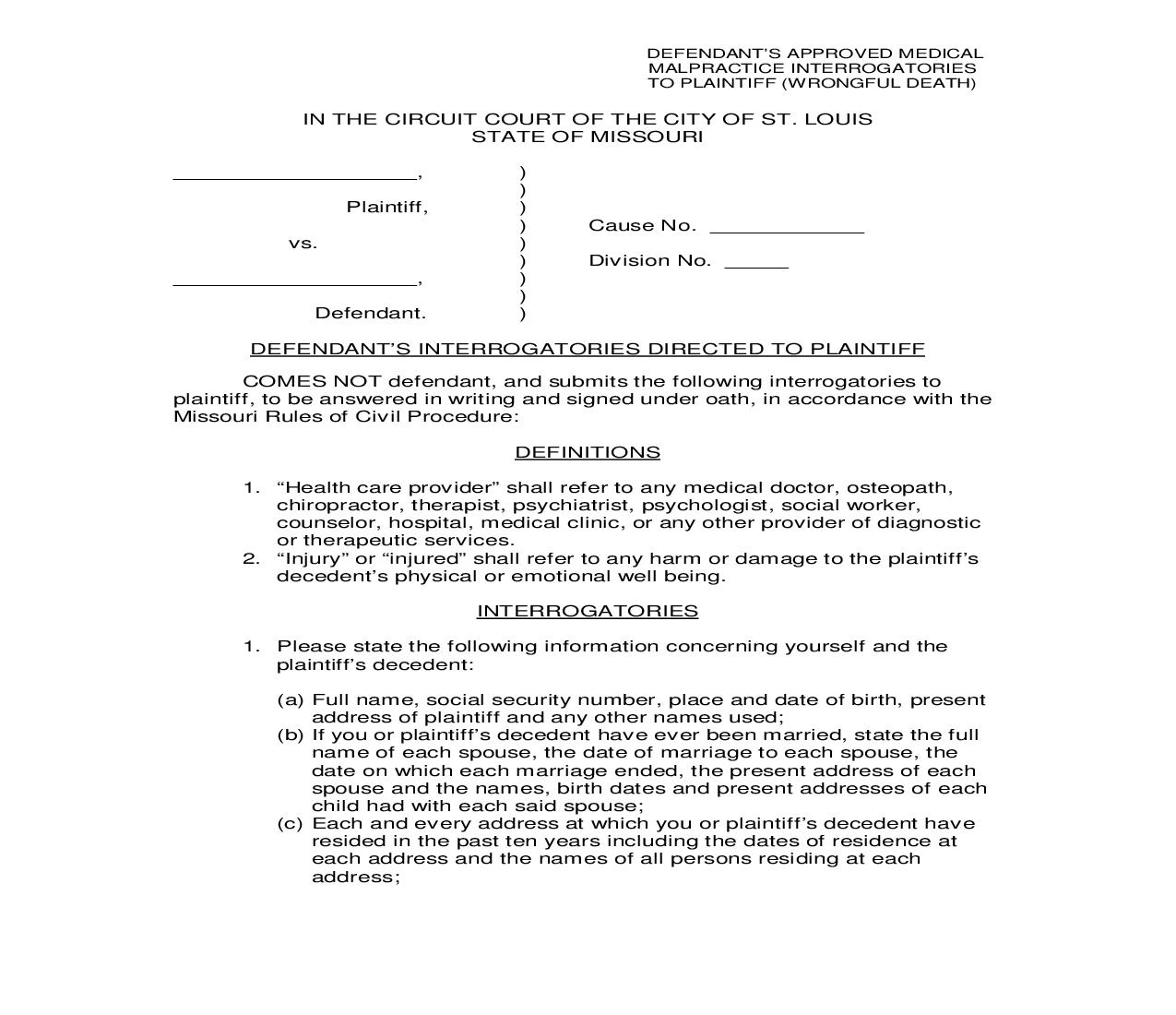 Defendants Approved Medical Malpractice Interrogatories To Plaintiff  Wrongful Death | Pdf Fpdf Doc Docx | Missouri