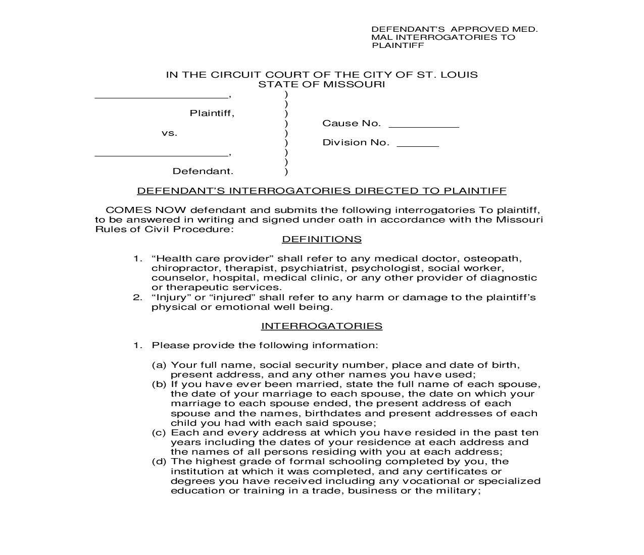 Defendants Approved Medical Malpractice Interrogatories To Plaintiff | Pdf Fpdf Doc Docx | Missouri