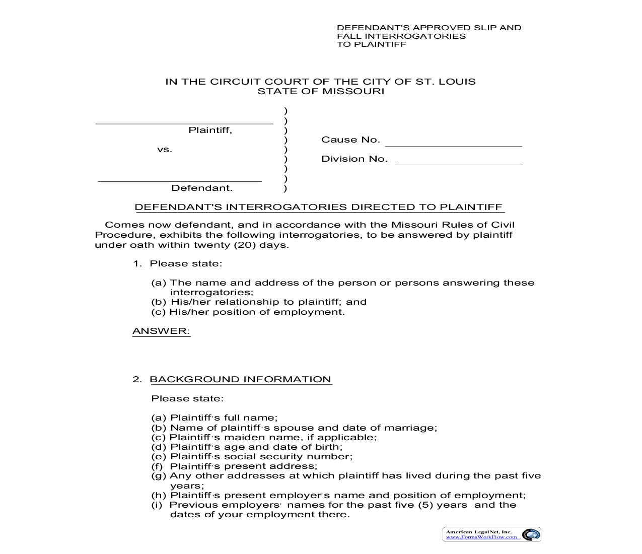 Defendants Approved Slip & Fall Interrogatories To Plaintiff | Pdf Fpdf Doc Docx | Missouri