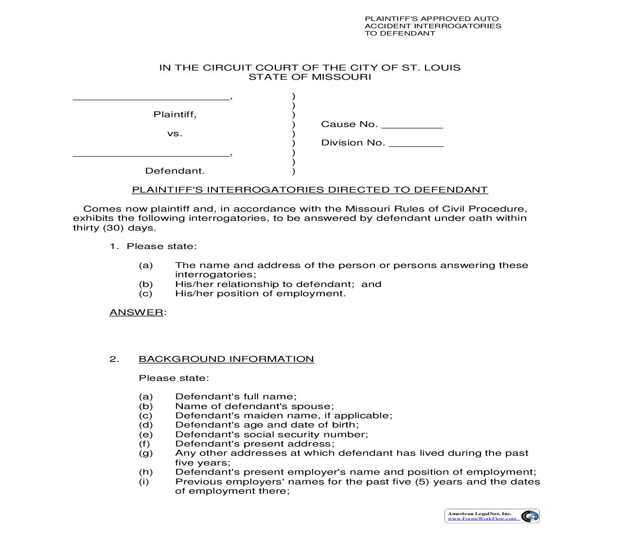 Plaintiffs Approved Auto Accident Interrogatories To Defendant | Pdf Fpdf Doc Docx | Missouri