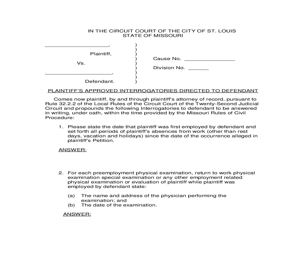 Plaintiffs Approved Interrogatories Directed To Defendant | Pdf Fpdf Doc Docx | Missouri