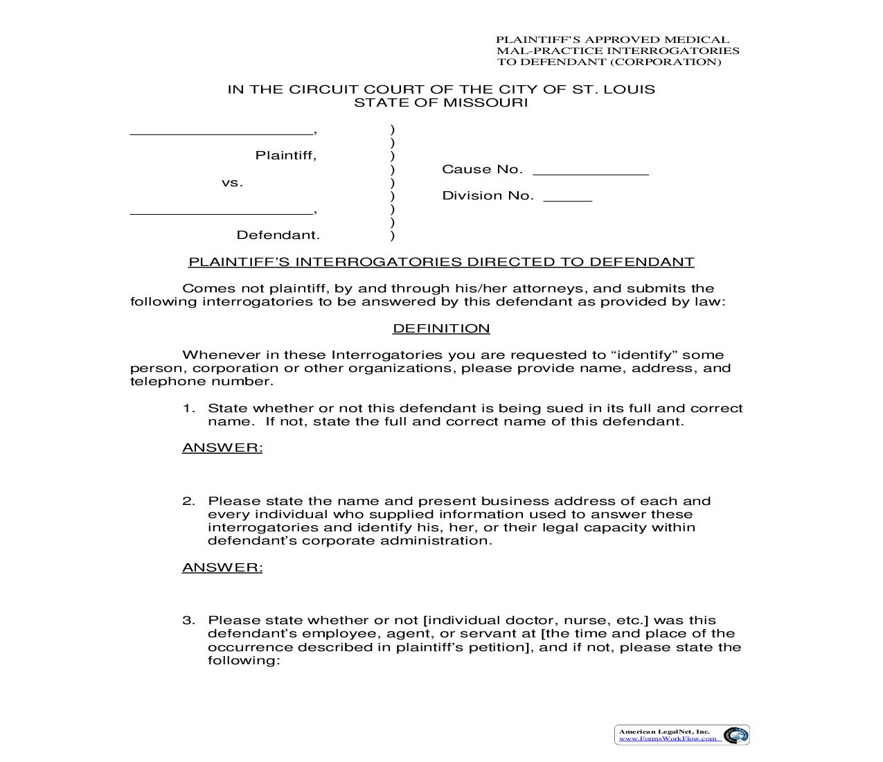 Plaintiffs Approved Medical MalPractice Interrogatories To Defendant Corporation | Pdf Fpdf Doc Docx | Missouri
