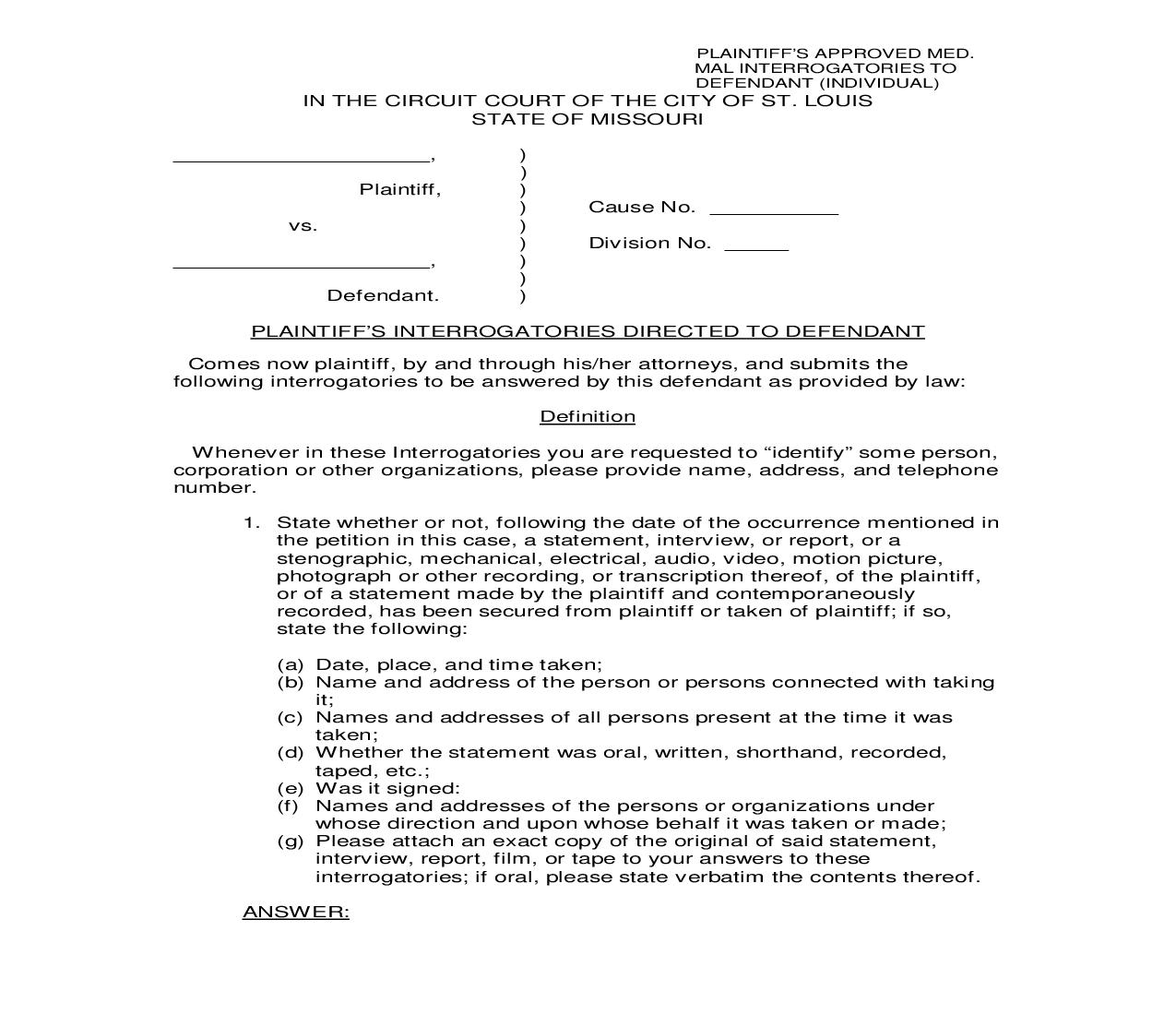 Plaintiffs Approved Medical Malpractice Interrogatories To Defendant Individual | Pdf Fpdf Doc Docx | Missouri