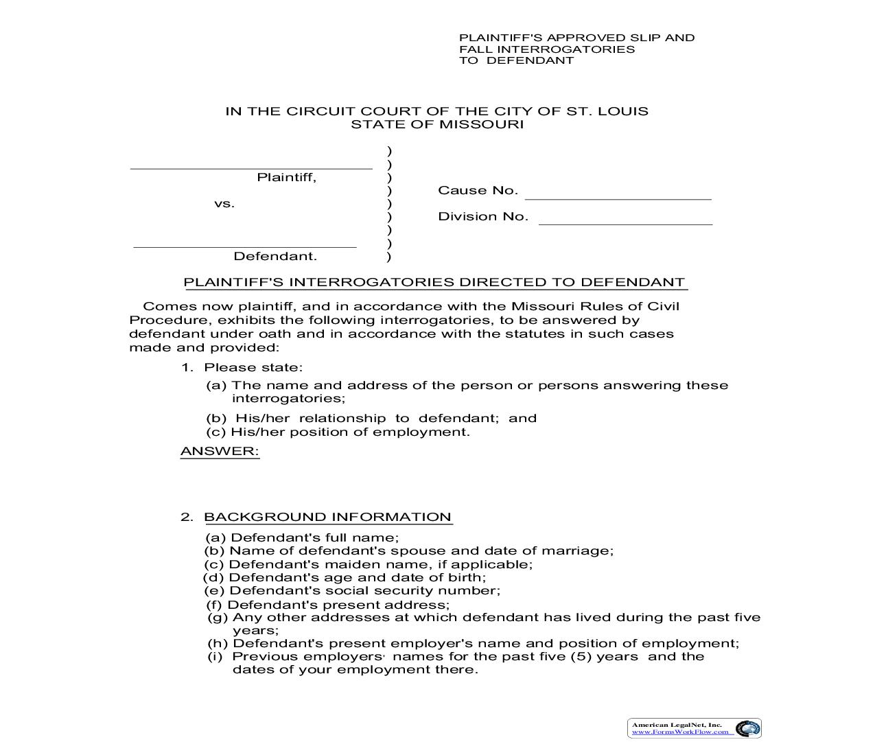 Plaintiffs Approved Slip & Fall Interrogatories To Defendant | Pdf Fpdf Doc Docx | Missouri