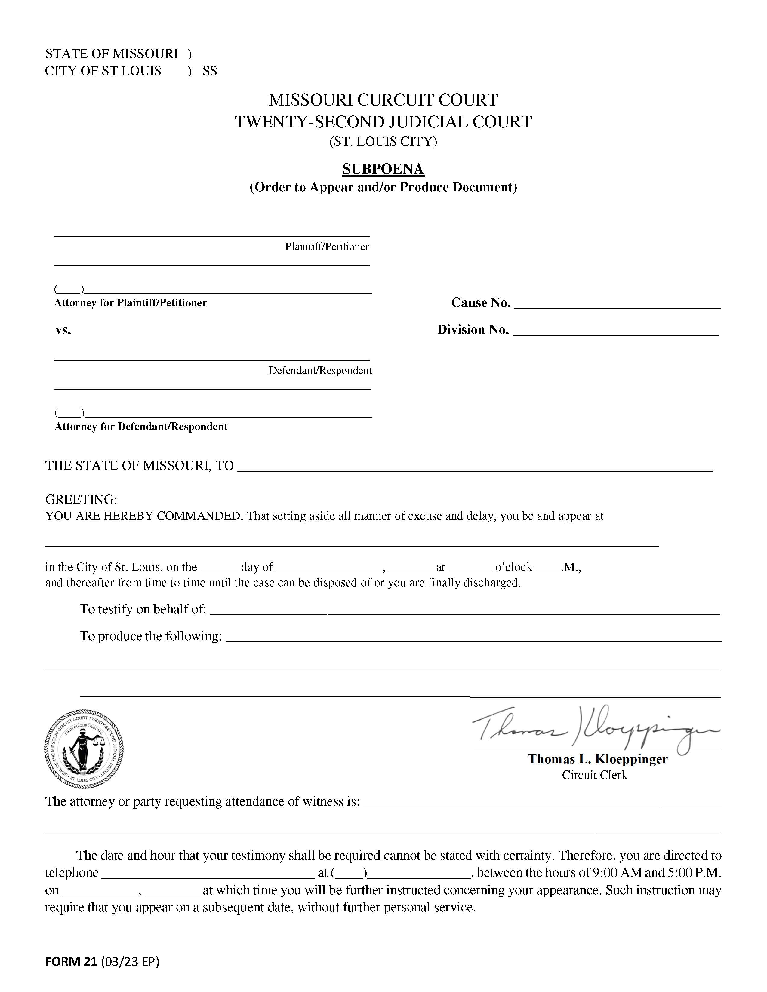 Subpoena {21} | Pdf Fpdf Doc Docx | Missouri