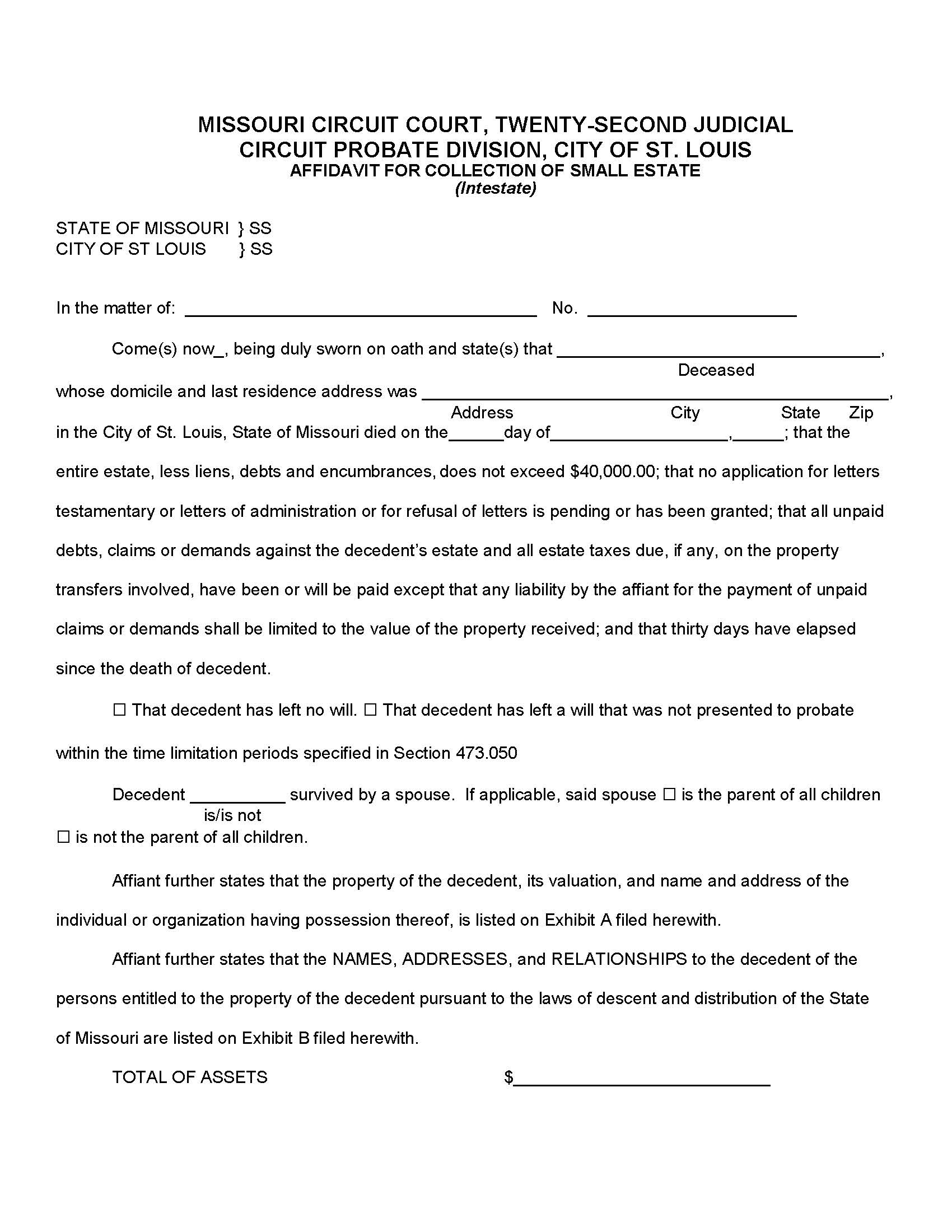 Affidavit For Collection Of Small Estate (Intestate) | Pdf Fpdf Docx | Missouri