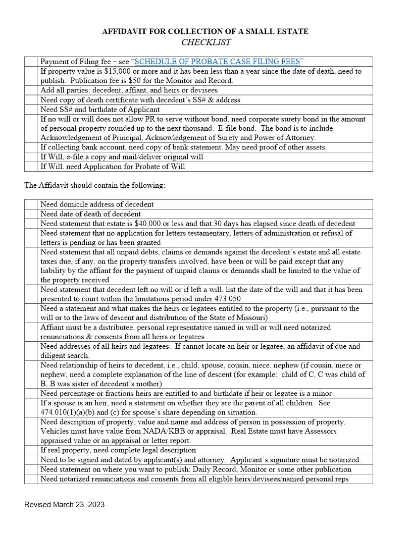 Affidavit For Collection Of Small Estate | Pdf Fpdf Docx | Missouri