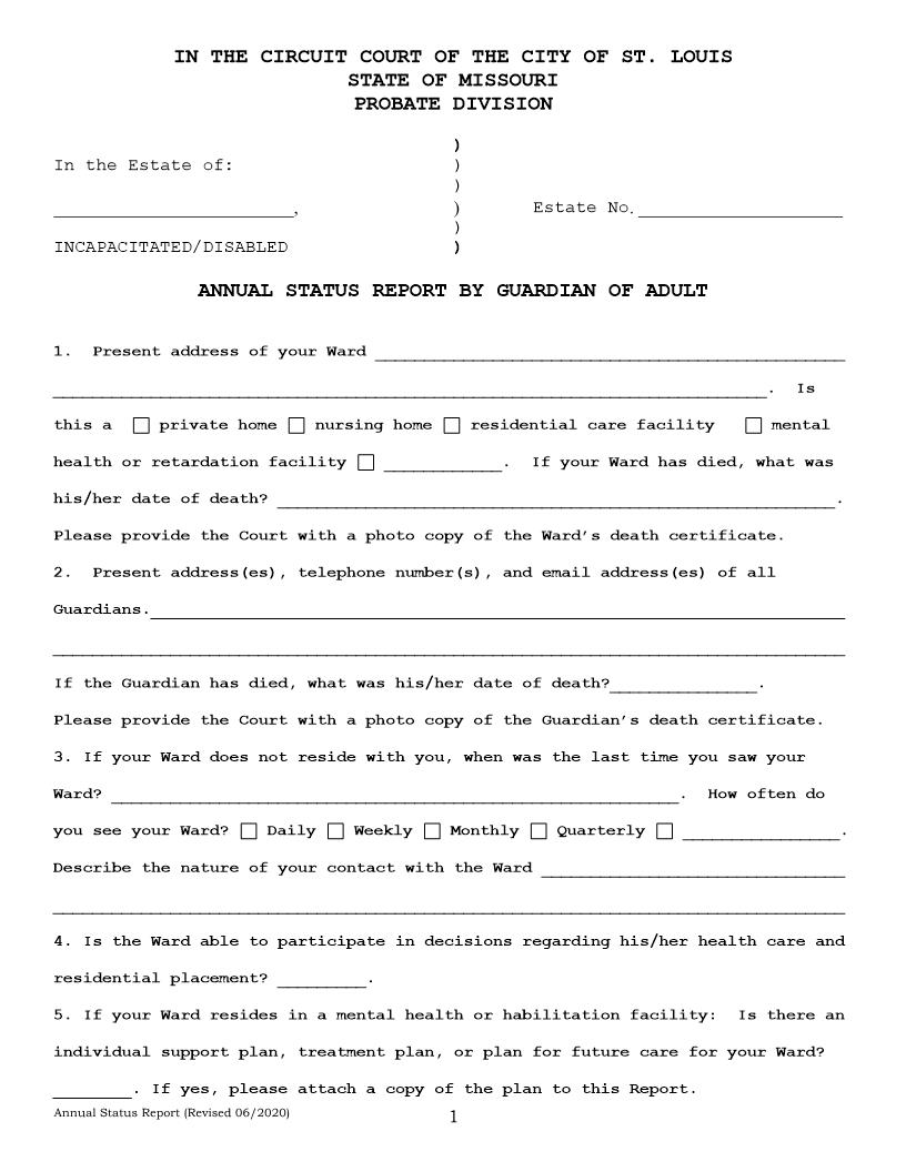 Annual Status Report By Guardian Of Adult | Pdf Fpdf Docx | Missouri