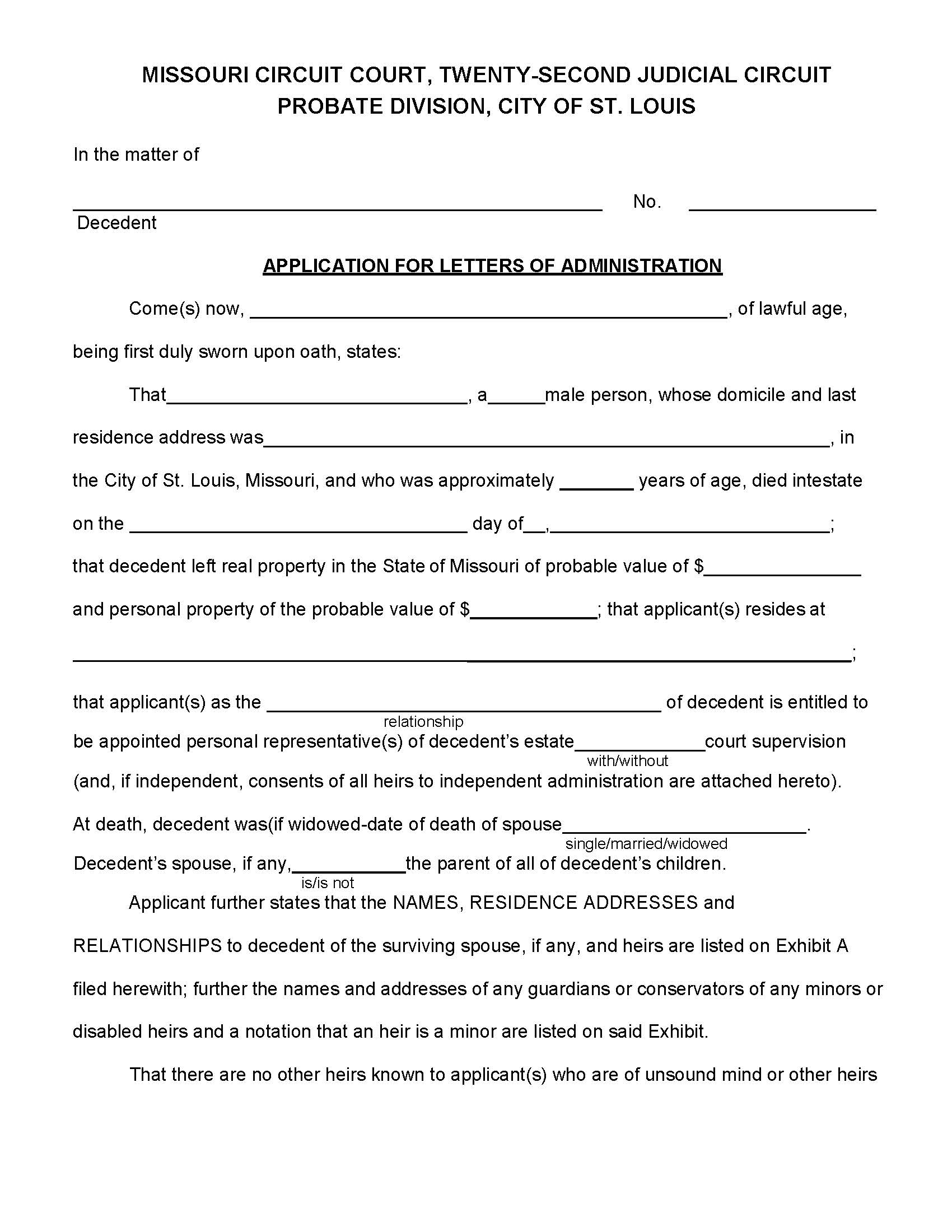 Application For Letters Of Administration | Pdf Fpdf Docx | Missouri