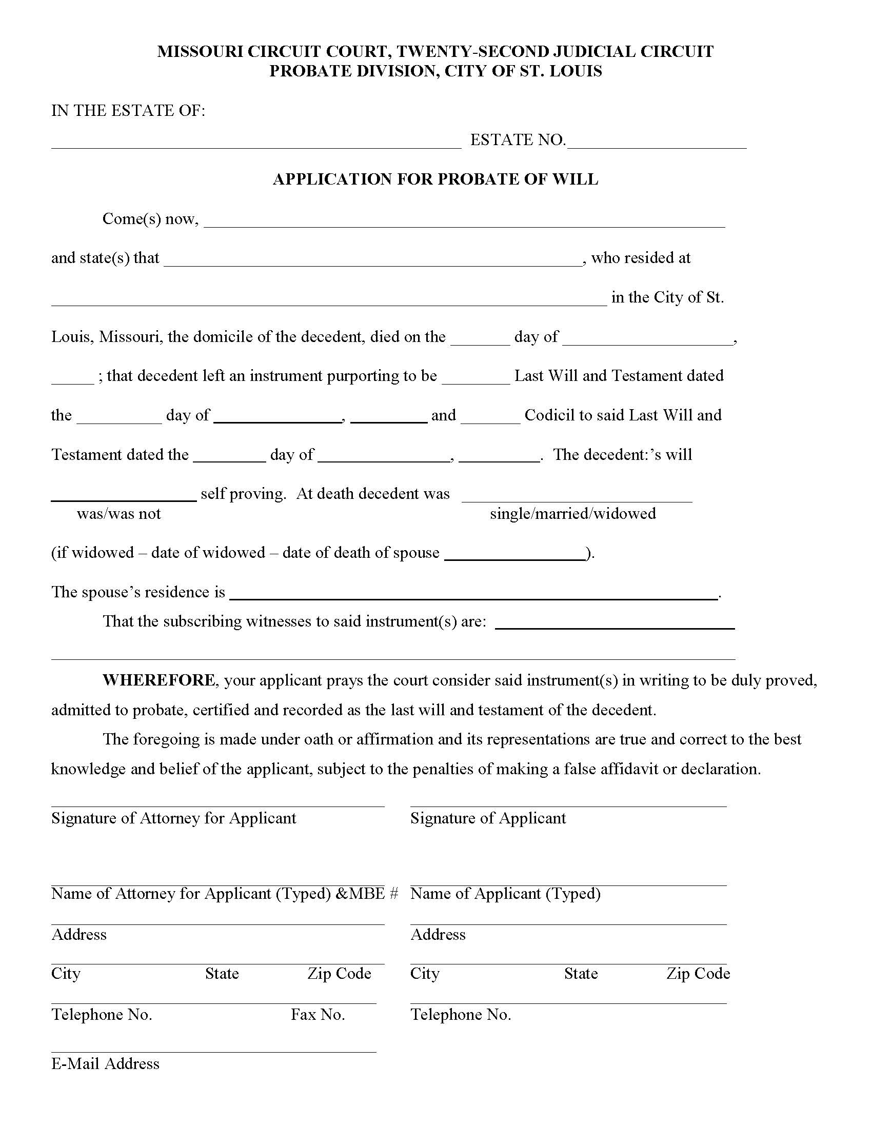 Application For Probate Of Will | Pdf Fpdf Doc Docx | Missouri