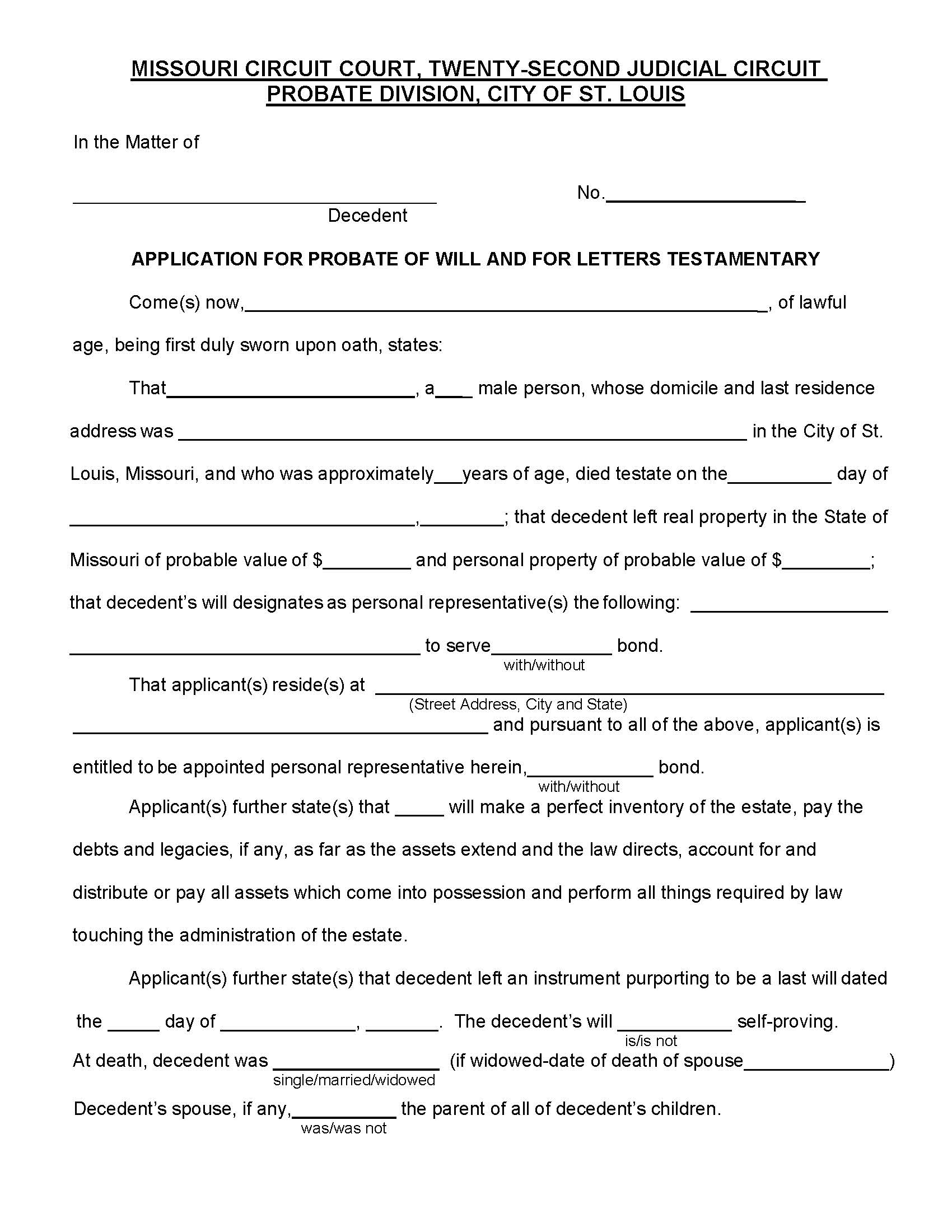 Application For Probate of Will And For Letters Testamentary | Pdf Fpdf Docx | Missouri