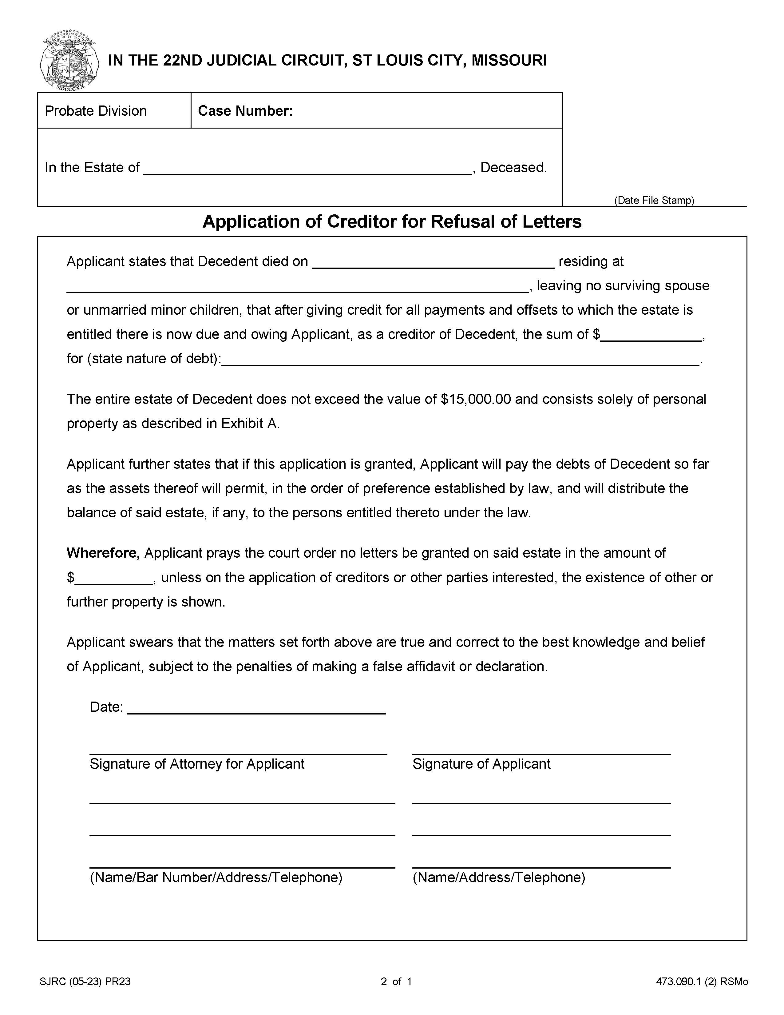Application Of Creditor For Refusal Of Letters | Pdf Fpdf Docx | Missouri