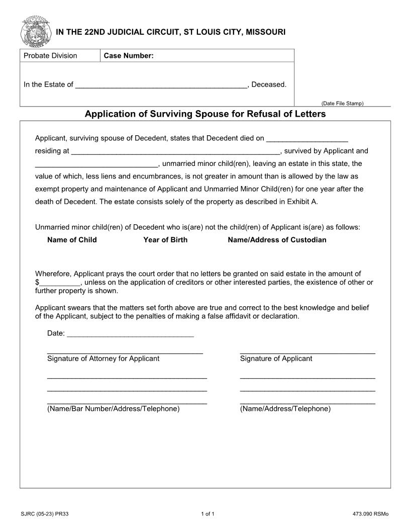 Application Of Surviving Spouse For Refusal Of Letters | Pdf Fpdf Docx | Missouri